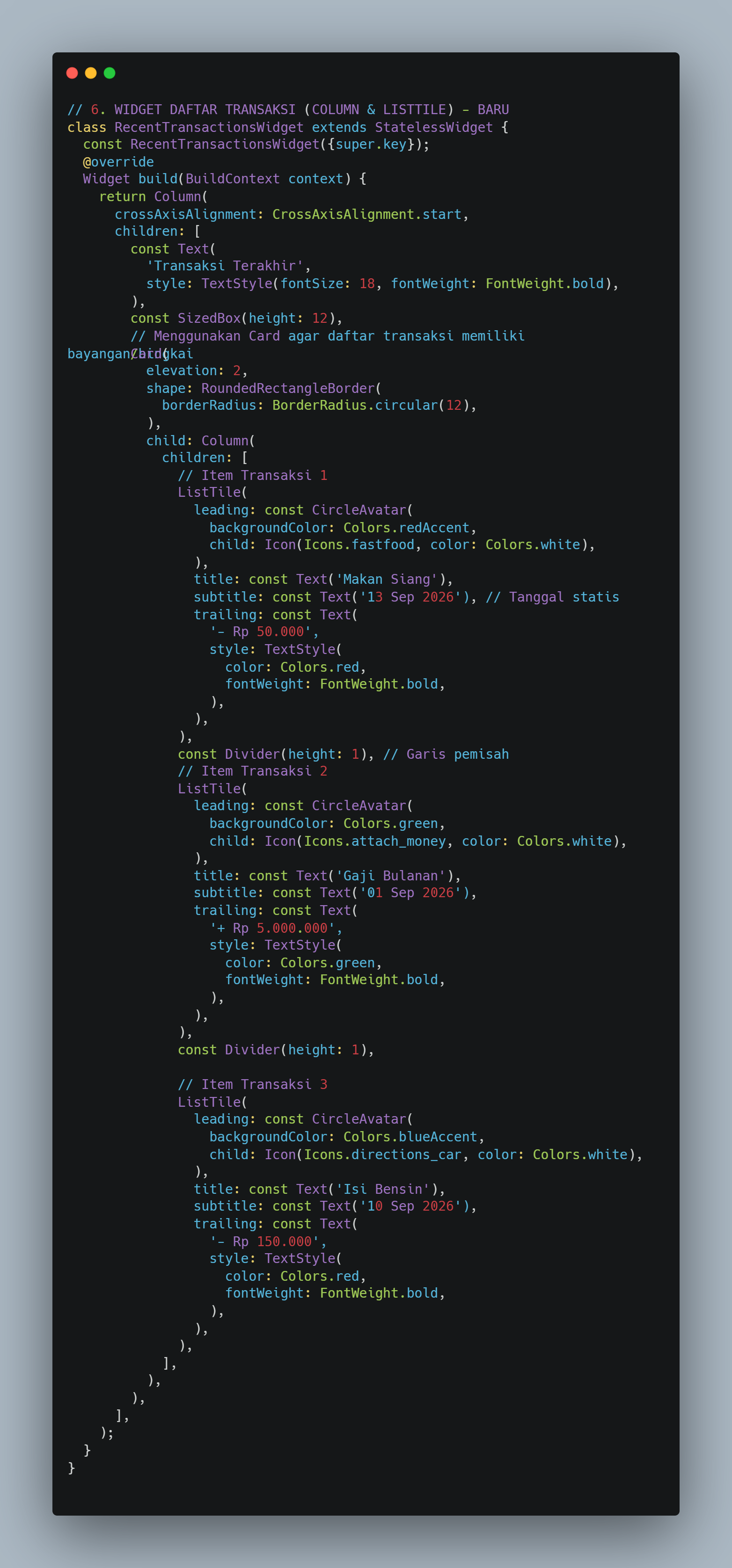 Screenshot kode RecentTransactionsWidget